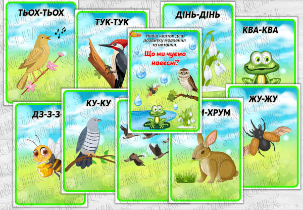 Набір карток для розвитку мовлення та читання "Що ми чуємо навесні?"