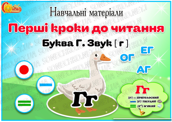 Навчальні матеріали "Перші кроки до читання. Літера Г"